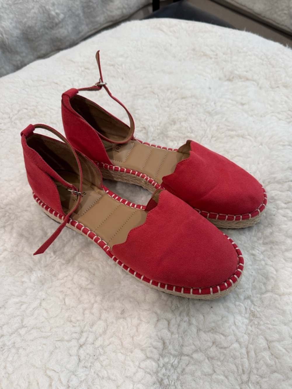 Joie Red Scallop-Edge Espadrille Flats with Ankle Tie